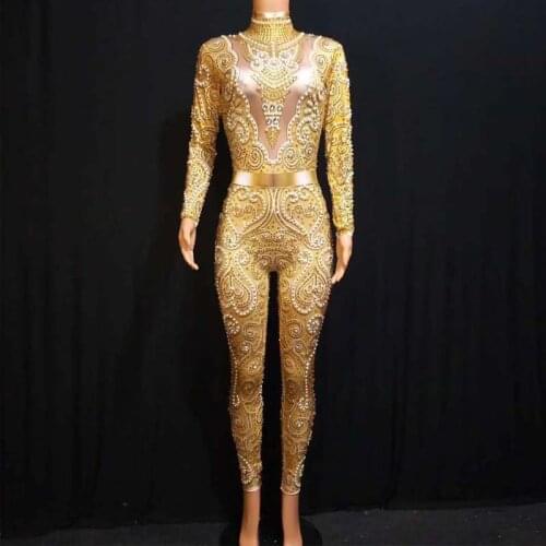 Sparkly Rhinestones Pearls Jumpsuit Jaze Dance Costume Sexy Nude Stretch Beading Dance Costume Bodysuit Birthday Party Outfit