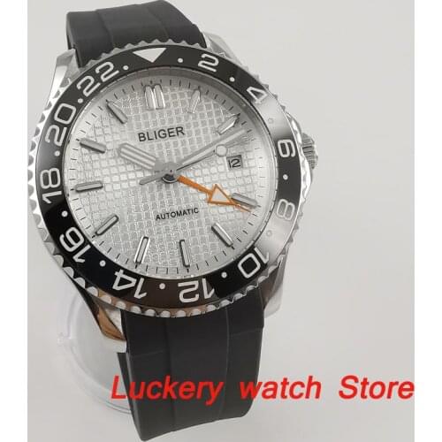Bliger 41mm luxury GMT watch white dial saphire glass;Rubber strap spin bezel GMT Automatic movement mens watches