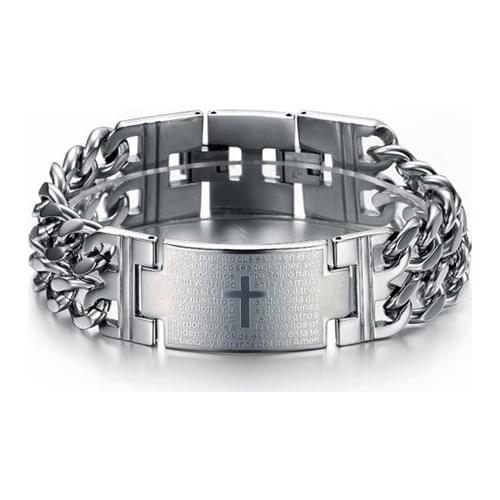 Mens Polished Stainless Steel Scripture Bible Curb Wrist Chain Bracelet Bangle Lords Prayer was in spanish 8.66'' 22mm