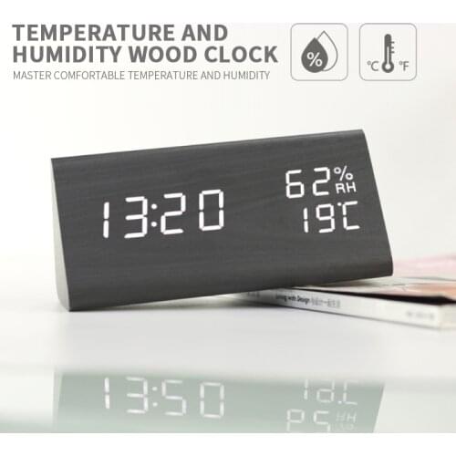 LED Wooden Alarm Clock Table Voice Control Digital Clock Temperature Humidity Display Wood Desktop Clocks Despertador USB/AAA