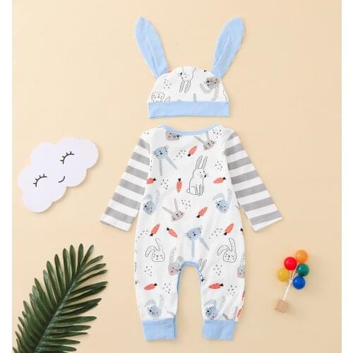 Child Funny Clothes Set 2021 New Romper Infant Baby Boys Girls Easter Cartoon Rabbit Printed Romper Jumpsuit+Hat