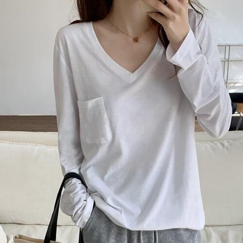 Solid V Neck T Shirt Women Korean Style Pockets 2021 Autumn Cotton Tshirt Casual Long Sleeve Female Tees Tops Tee Shirt Femme
