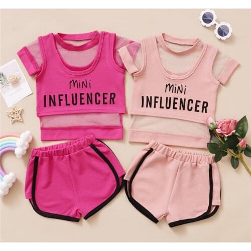 FOCUSNORM Toddler Kid Girls Clothes Sets 3pcs Mesh T-shirts + Letter Printed Tank Tops + Short Outfits 1-6Y