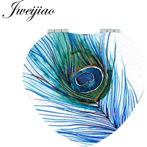 Youhaken Peacock Feather Heart Leather Pocket Mirror Mini Compact Vanity mirror Folding 1X/2X Magnifying Makeup Mirrors Gifts