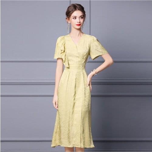 Summer Ruffle Comfort Elegant Female Long Skirt V-Neck Slim Yellow White Holiday Dress Sea Beach A-Line Womens OL Design Skirts