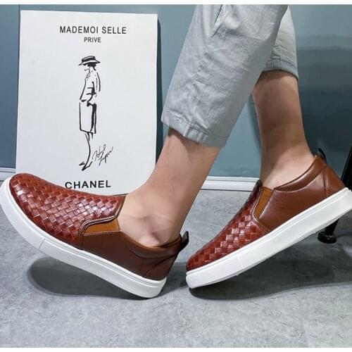 Mens Leather Casual Shoes Flat Round Toe Men Loafers Shoes Comfy High Quality Brown Lozenge Slip on Man Penny Loafer Shoes