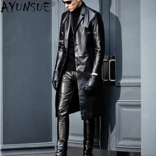 AYUNSUE 100% Cowhide Mens Genuine Leather Jacket Men Autumn Long Coat Real Leather Windbreaker Luxury Jackets 2020 1801 KJ5142