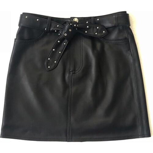 Type sheepskin New 100% of rivet belt the a line skirt of tall waist thin edition