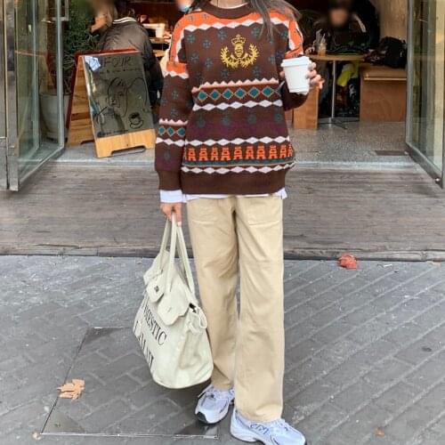 New 2020 Winter Kawaii Women Fashion Korean Girl Winter Retro Stitching Pattern Sweater Christmas Vintage Matching Sweaters