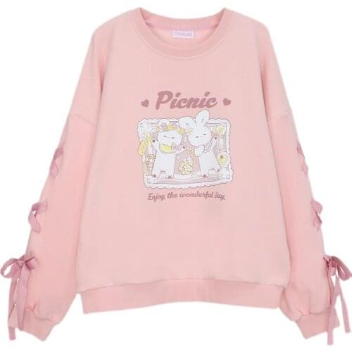 Autumn Japanese Kawaii Bunny Printed Solid Sweatshirt Casual Fresh Lace-Up Oversize Round Neck Long Sleeve Soft Girls Pullover