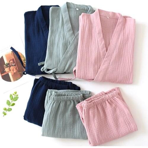 100% Cotton Pajamas Plus Size Loose Bathrobes Men and Women V-Neck Kimono Pijama Mujer Three Quarter Sleepwear Couple Sleepwear