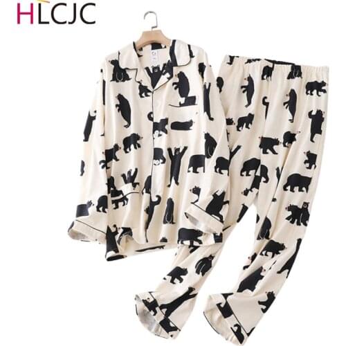 Couples Cute White Bear Brushed Cotton Women Pajamas Sets Autumn Casual Fashion Sleepwear Men Cartoon Homewear Sexy Pijama Mujer