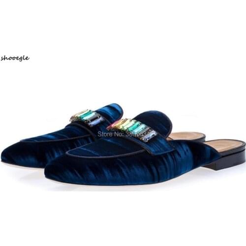 SHOOEGLE Wrinkle Leather Slippers Men Distressed Velvet Mules Crystal Studs Flats Slip On Fashion Shoes Men Casual
