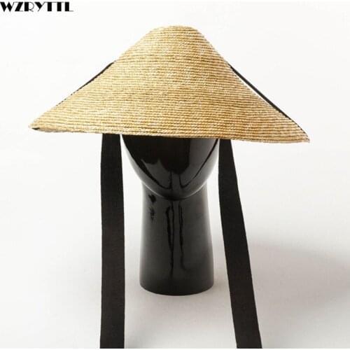 New Show Summer Hat Outdoor Large Brim Sun Protection Straw Hat with Black Band Tie Women Men Concave Floppy Derby Beach Cap