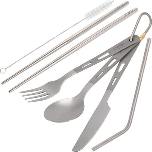 Titanium Tableware Camping Fork Spoon Cutter Chopsticks Drinking Straw Outdoor Cutlery Set for Picnic Travel Hiking Kitchen