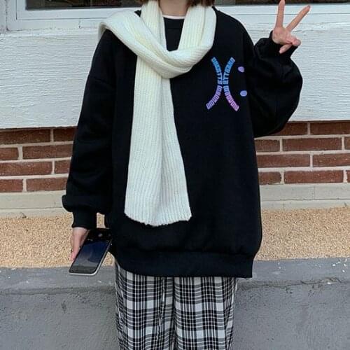 Hoodie WomenS Printed O-Neck Warmth Plus Velvet Oversized Kawaii Cute Girl Pullover All-Match Korean Casual Ulzzang