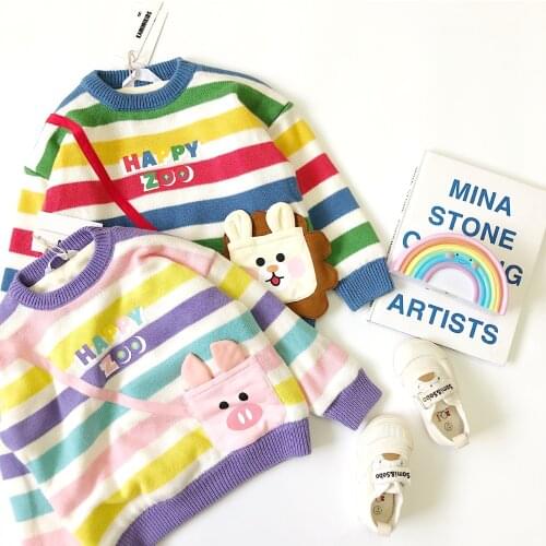 Tonytaobaby Winter Animal Satchel Pocket Printed Striped Knitted Plush Sweater for Children Toddler Girl Sweater