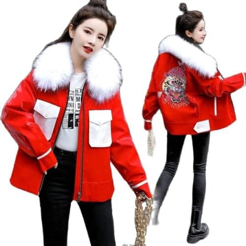 Women Big Fur Collar Short Pie To Overcome 2021 Female Winter Clothes New Korean Chinese Embroidery Plus Velvet Cotton Jacket575