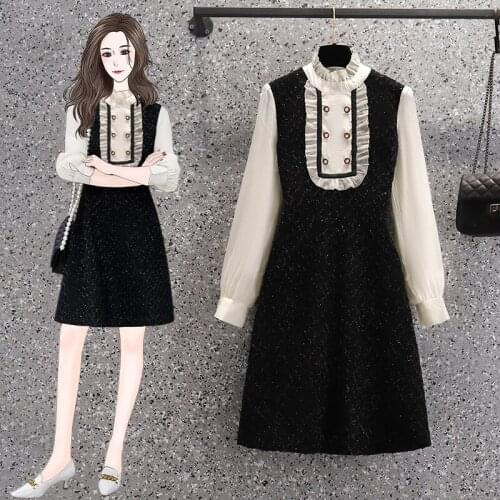 EHQAXIN Summer Autumn Plus Size Womens Dresses French Half-High Collar Lace Button Long-Sleeved Hepburn Style Black Dress M-4XL