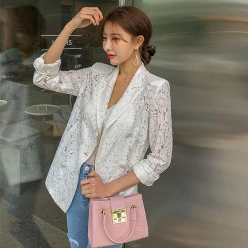 2020 Summer New Korean Lace Blazer Womens Commuting Double-breasted Sexy Lace Coat Notched collar Casual OL Outwear