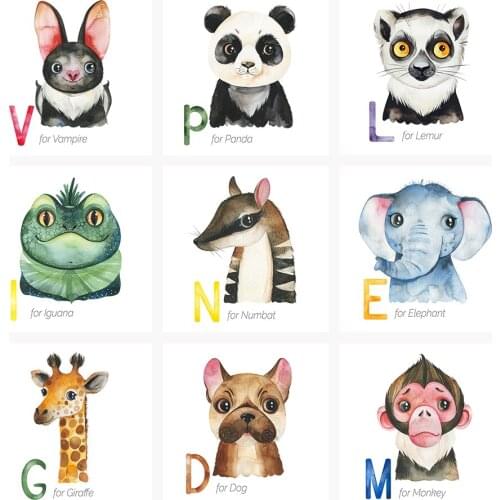 Watercolor Alphabet Posters Prints English Alphabet with Cute Animals Canvas Painting Wall Art for Kidsroom Nursery Decoration