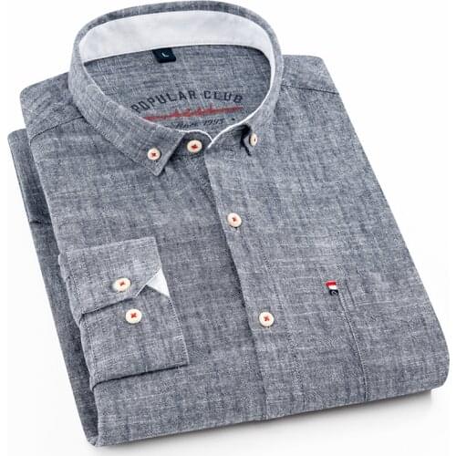 Aoliwen brand men Casual Mens Shirt Button down 80%cotton Solid Multicolor Long Sleeve Shirt Pocket Top Young