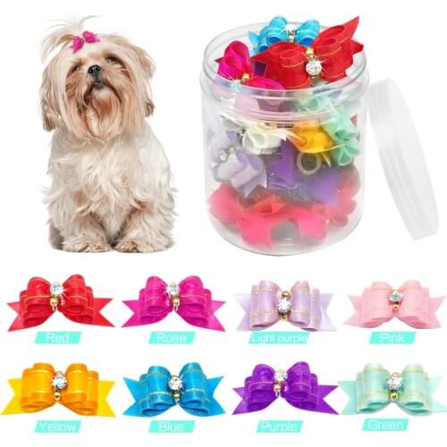 2pcs Dog Hair Bows Dog Accessories with Rubber Bands Rhinestone Attached Cat Dog Grooming Bows Diamond Dog Hair Bows