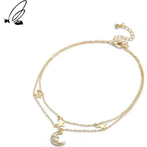 SSTEEL Sterling Silver 925 Zircon Star Moon Double-layer Foot Chain Minimalist Anklet Gift For Women Vintage Boho Jewelry
