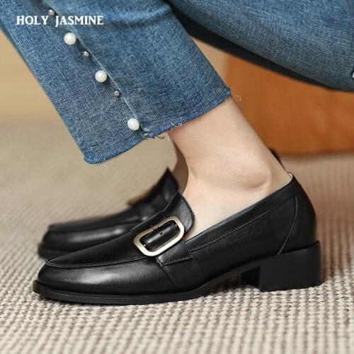 Elegant Womens Loafers Genuine Leather Thick Botton Round Toe Shoes Woman Heels 2021 Spring Working Basic Casual Shoes Woman