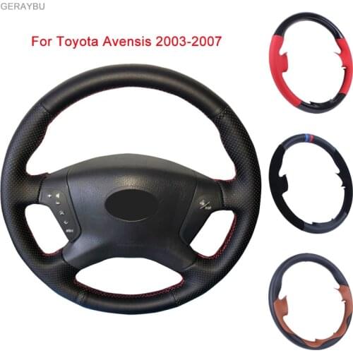 GERAYBU Custom DIY Black Leather Hand-sewn Car Steering Wheel Cover For Toyota Avensis 2003-2007 Breathable Wear-resistant