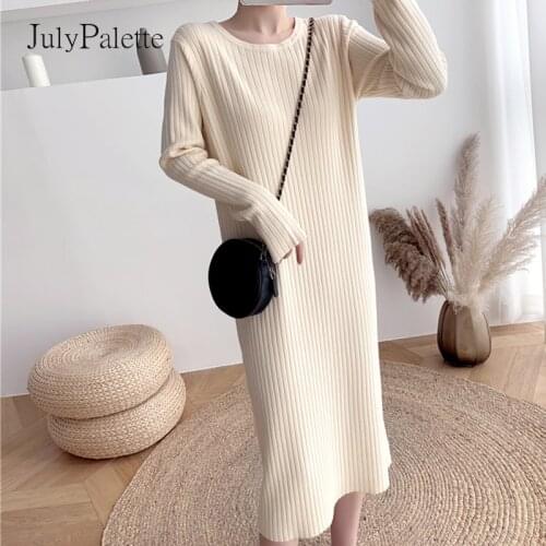 JulyPalette Basic Solid Long Knit Midi Sweater Dress Autumn Winter O-neck Long Sleeve Robe Casual Loose Straight Dress 2021