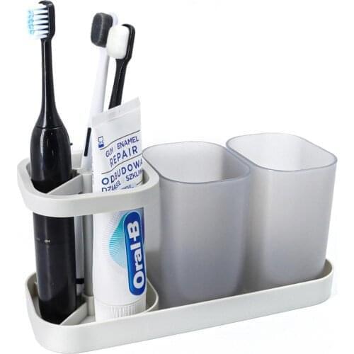 Compact Plastic Bathroom Toothbrush Toothpaste Stand Holder Dental Organizer with 3 Storage Compartments and Two Mouth Cup