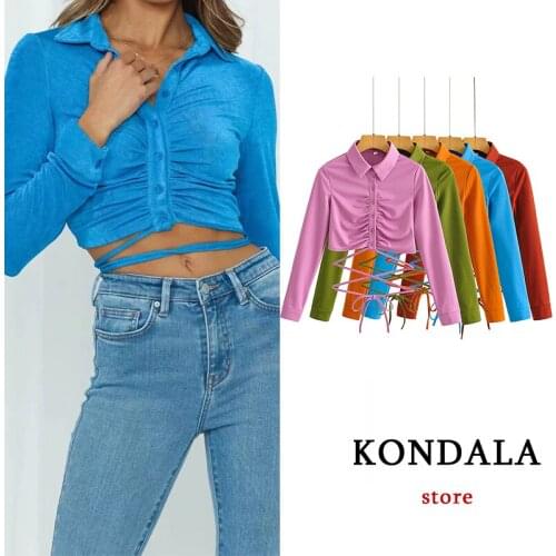 KONDALA Za 2021 Sexy Solid Cropped Mujer Tops Long Sleeve Pleated Tie Up Women Blouses Fashion Autumn Corset Tops