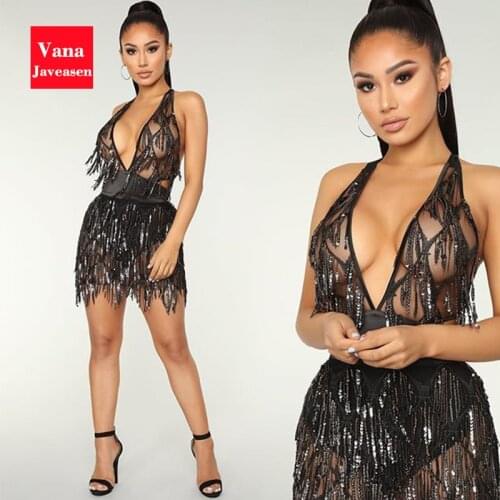 Lace V-neck Tassel Sequin Party Dress Women Sexy Backless Mini Dresses Night Club Dresses Strapless Empire Dress Woman Vestidos