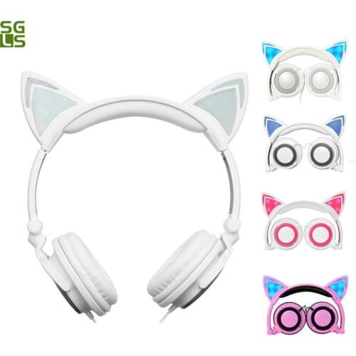 Cute cat ear headset wired headphones LED music light wired headband beautiful foldable colorful headset with 3.5 jack kid gift