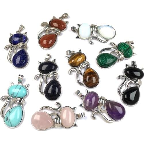 Natural Stone Pendant Reiki Heal Cute Cat Amethysts Black Agates for Jewelry Making DIY Necklace Gift 25x45mm
