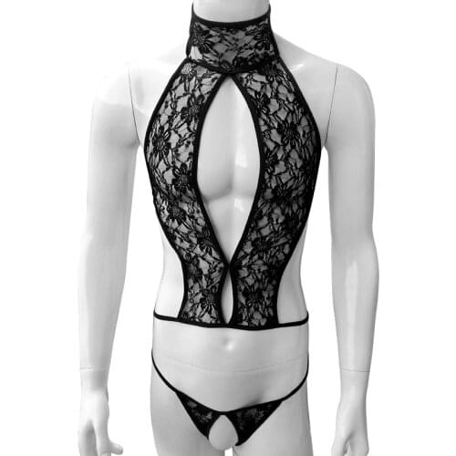 Open Crotch Men Lingerie Floral Lace Nightwear Sleepwear Set Bra Top with G-string Exotic Sexy Gay Panties for Sissy Underwear