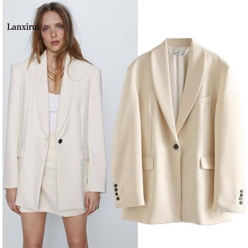 Solid Women Blazer with Single Button Pocket Casual Loose Cream Coat New Summer Office Wear Elegant Blazer