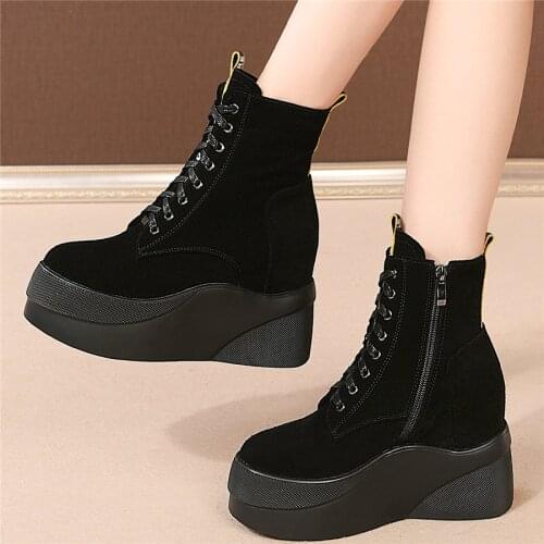 Casual Shoe Women Lace Up Cow Leather Wedges High Heel Vulcanized Shoes Female Round Toe High Platform Trainers Fashion Sneakers