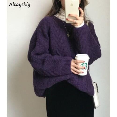 Pullovers Women Vintage Purple Harajuku Simple Ulzzang Trendy Ladies Knitwear Long Sleeve Winter Fall Basic Femme Sweater Chic