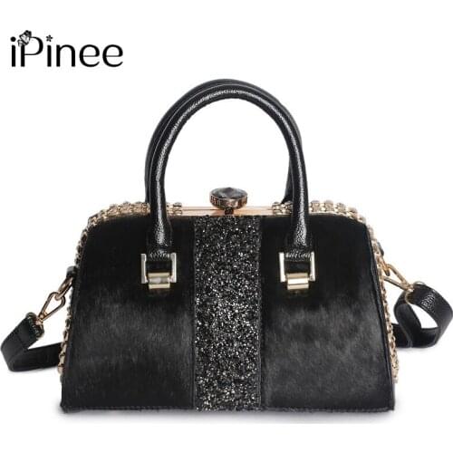 IPinee Ladies luxury genuine leather handbag famous designer ladies shoulder bag horsehair and diamond crossbody bag sac main