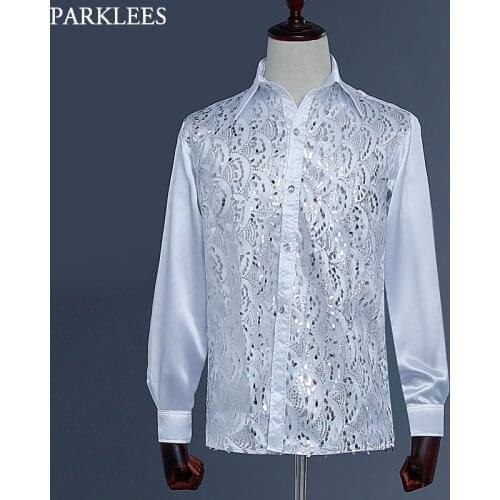 Floral Sequin Shirt Men Silk Satin Smooth Men Dress Shirts Prom Disco Stage Chorus Men Long Sleeve Splice Glitter Mens Clothing