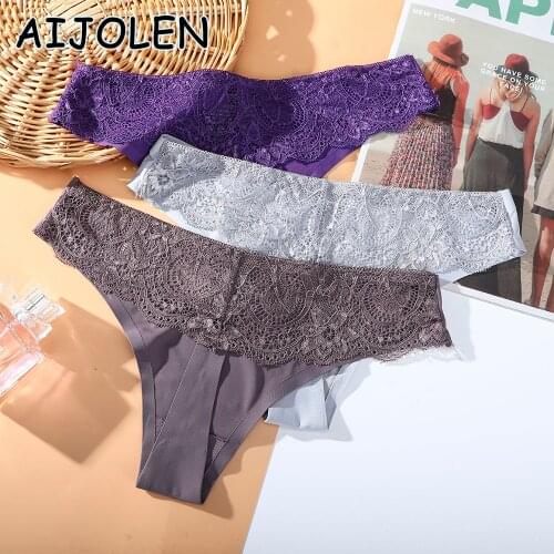 AIJOLEN Sexy Ice Silk Seamless Panties Solid Color Lace Ladies Underwear Low-rise Soft Thong and G String Underpants for Women