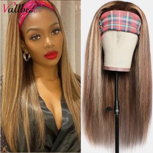 Vallbest Hair Headband Wig Brazilian Straight Hair Blonde Highlight Piano Color Glueless Human Hair Wigs With Pre-Attached Scarf