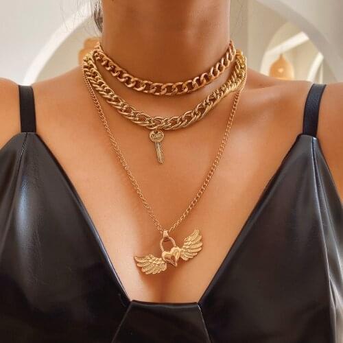 Youvanic Fashion Lock Key Heart Wing Pendant Necklace Women Gothic Punk Choker Gold Layered Thick Link Chain Collar Jewelry 0404