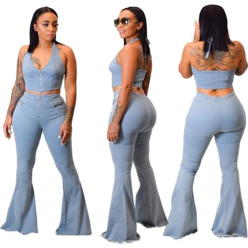 Fashion Women Light Blue Washed Flare Jeans Sets Sexy Halter Neck Sleeveless Top Bell Bottom Jeans Two Pieces Suits New Arrivals