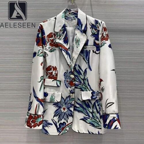 Silk Women Runway Fashion Set 2021 Spring Elegant Office Ladies Blazer+Full-Lenght Pants Red Blue Flower Print Sets