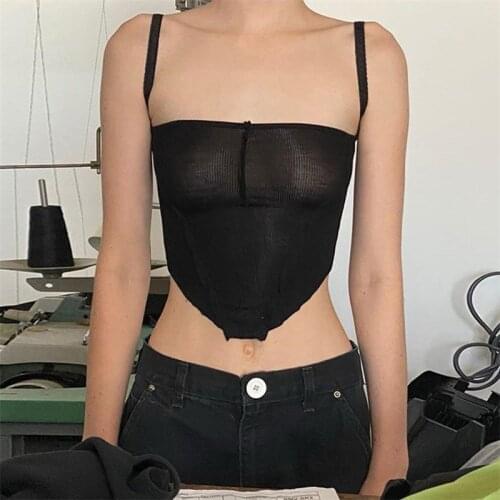 90s Aesthetic Sexy See Through Crop Top For Womens Summer Camisole Fashion Chic Corset Top Knit Tank Top Female Basic Black Top