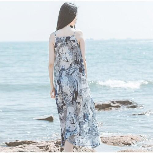 Johnature Women Print Floral Dress Cotton Belt Sleeveless O-Neck Suspender Dress 2021 New Summer Vintage Comfortable Clothes
