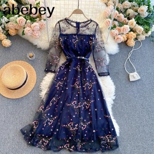 Women Mesh Embroidery Dress Korean O Neck Long Sleeve A-line Dress Spring 2021 New High Quality Elegant Party Dress